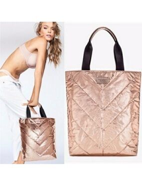 NWT Victoria's Secret Quilted Rose Gold Metallic Puffer Tote Bag
